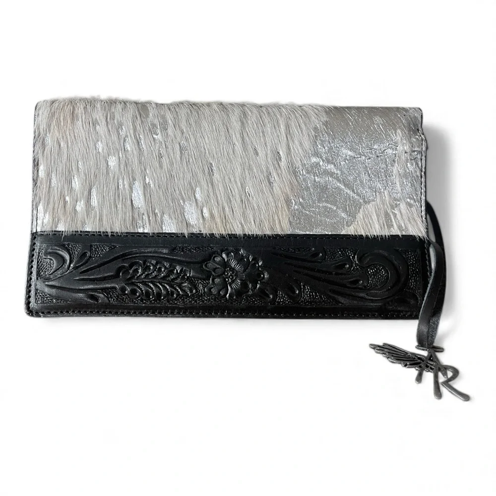 Angel Ranch Women's Wallet Tooled Leather Foil Western Alice Black Clutch 7.5